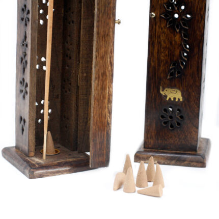 Square Incense Tower - Brass inlay - Mango Wood 2